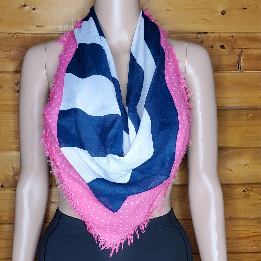 ❤️Abercrombie scarf 3/$15 white/navy blue stripe w/pink/white polka dot fringe